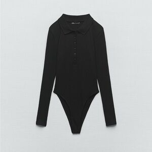 Zara Black Ribbed Polo Long-Sleeve Bodysuit
